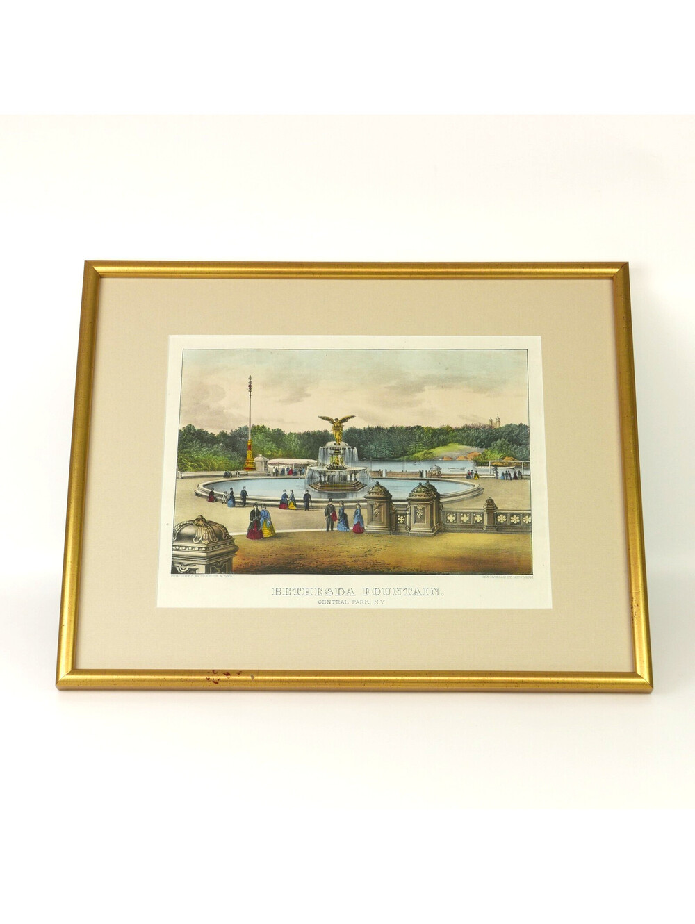 Currier & Ives Hand Colored Lithograph Bethesda Fountain Central Park NY Framed